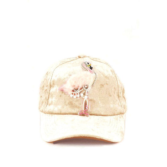 Fur & Beaded Flamingo Distressed Velour Fashion Cap