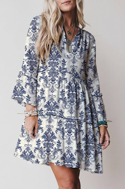 Sky Blue Boho Floral Print Lettuce Trim 3/4 Sleeve Mini Dress: Sky Blue / 100%Viscose / XL