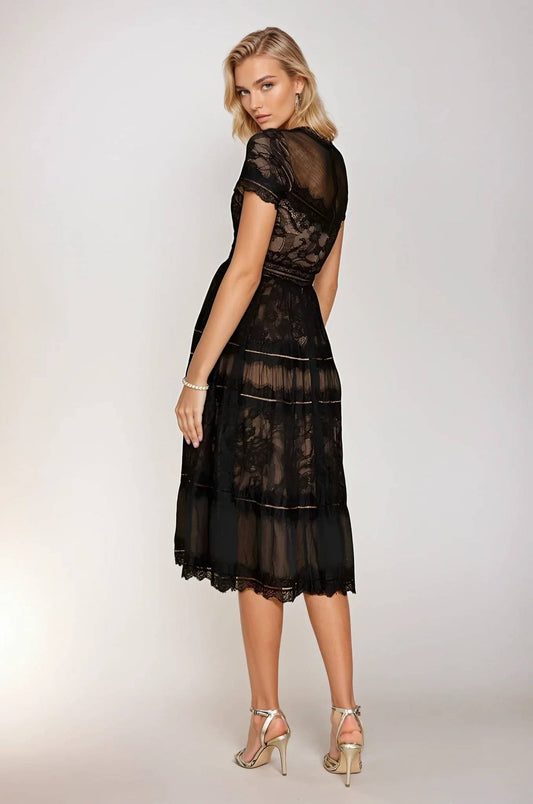 Black Midi Lace Short Sleeve Cocktail Dress: Black / 3XL