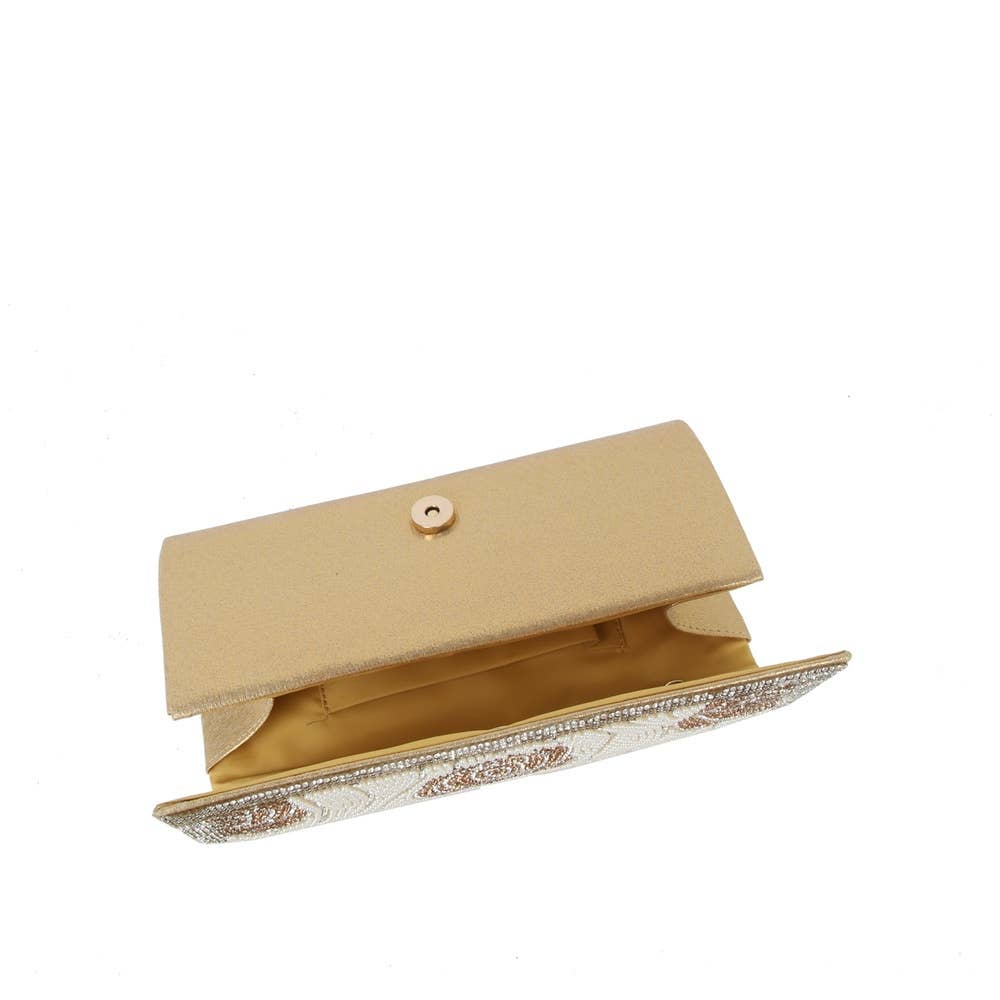 Beaded Rose Motif Rhinestone Trim Satin Clutch