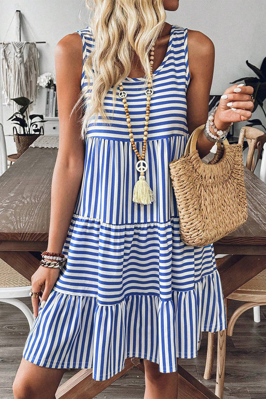 Sky Blue Stripe U Neck Sleeveless Loose Fit Mini Dress: Rose Stripe / 95%Cotton+5%Elastane