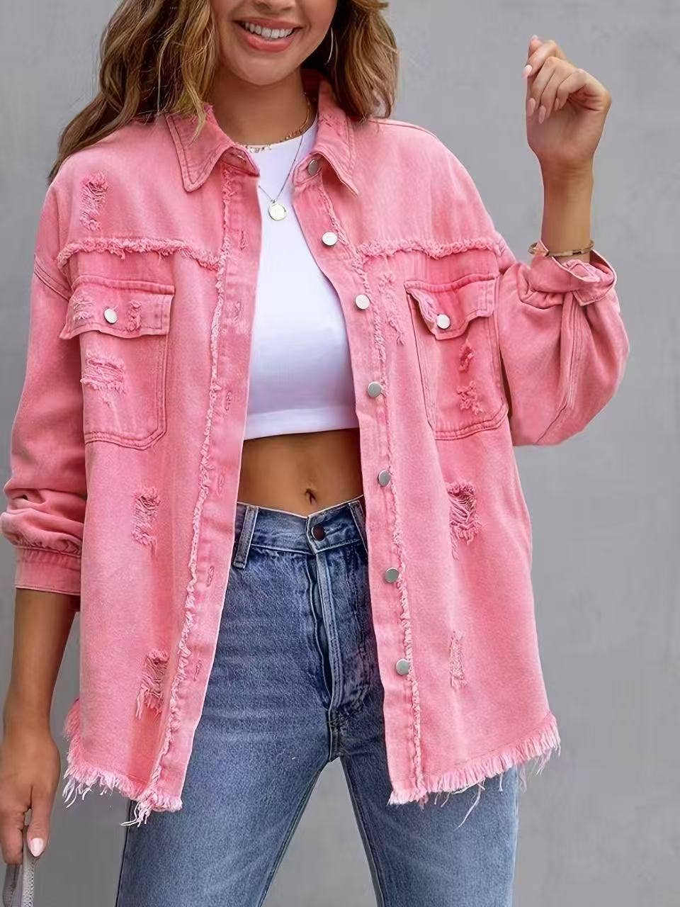 Trendy Casual Mid-Length Distressed Denim Jacket for Women