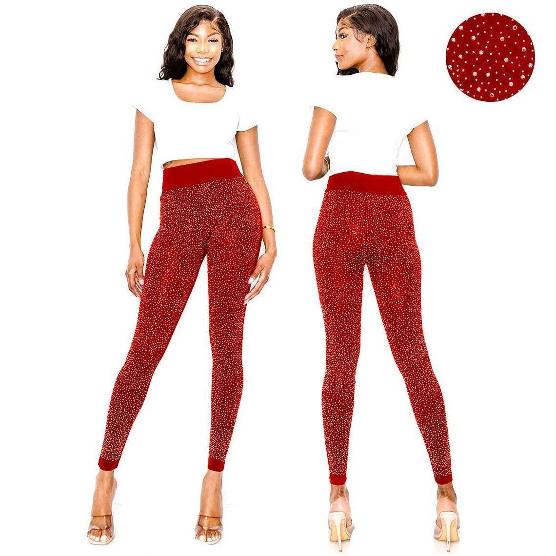 Dazzling Big Chip Rhinestone Leggings Both Size Red