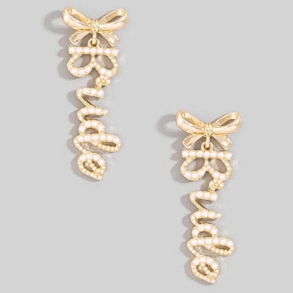 Pearl Pave Bride And Bow Stud Dangle Earrings