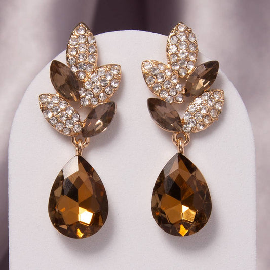 2-Tier Crystal Rhinestone Leaf Accent Dangle Earrings