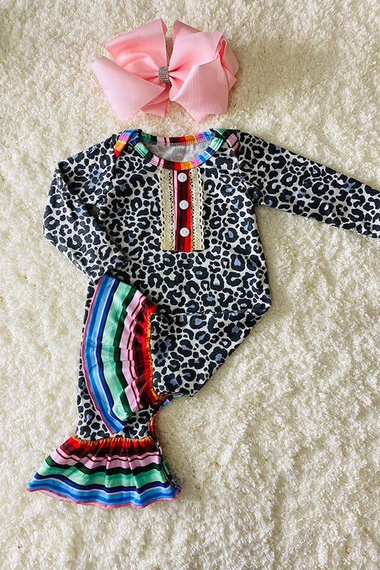 DLH1017-1 Blue leopard long sleeve baby rompers with serape: 12/18MONTHS