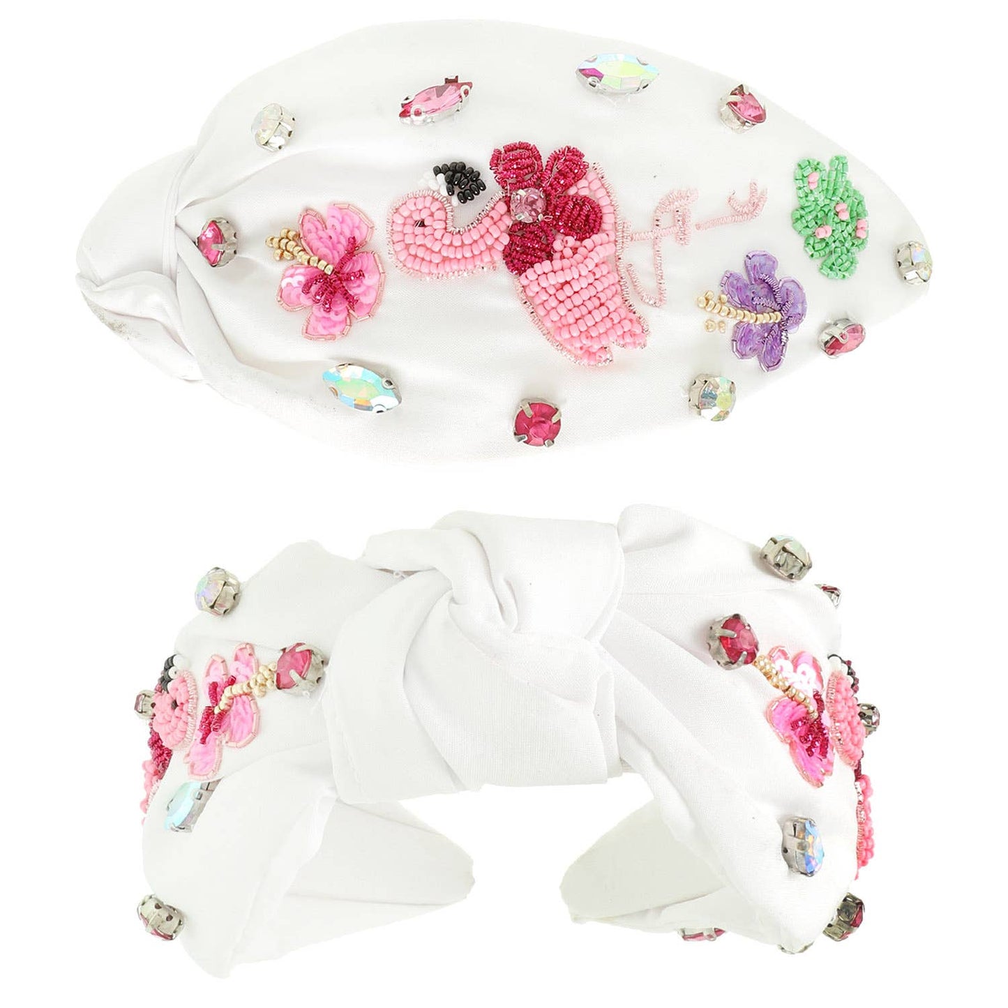 Pink Flamingo Crystal Sequins Bead Top Knotted Headband