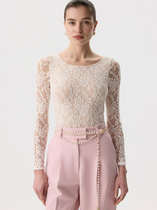Women’s Sheer Floral Lace Long Sleeve Blouse – Fitted Scoop Neck Top
