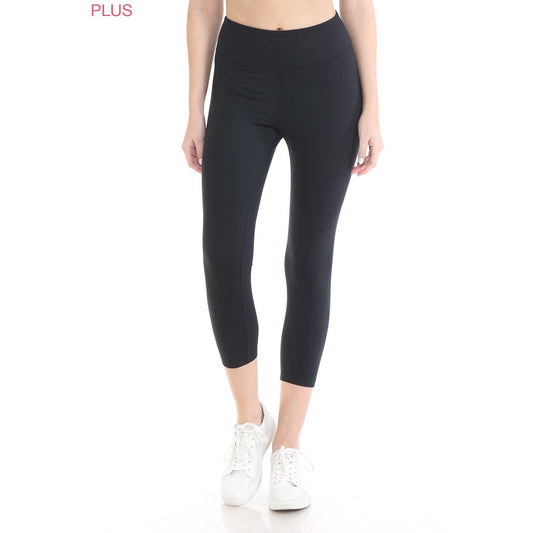 Plus Size 3" Yoga Band Premium Solid Activewear Leggings: Black