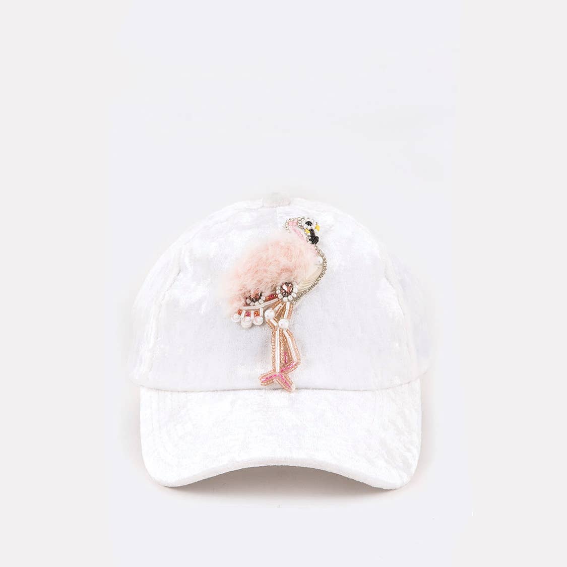 Fur & Beaded Flamingo Distressed Velour Fashion Cap