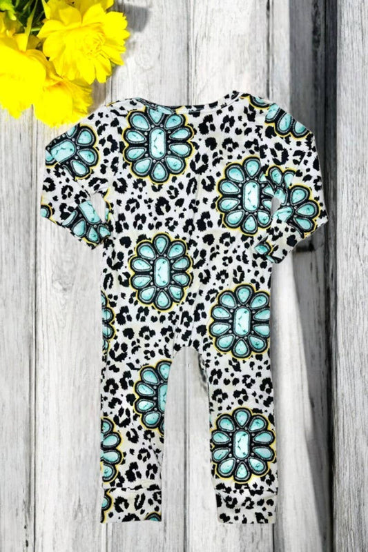 Leopard & jewel printed long sleeve baby romepr w/zipper