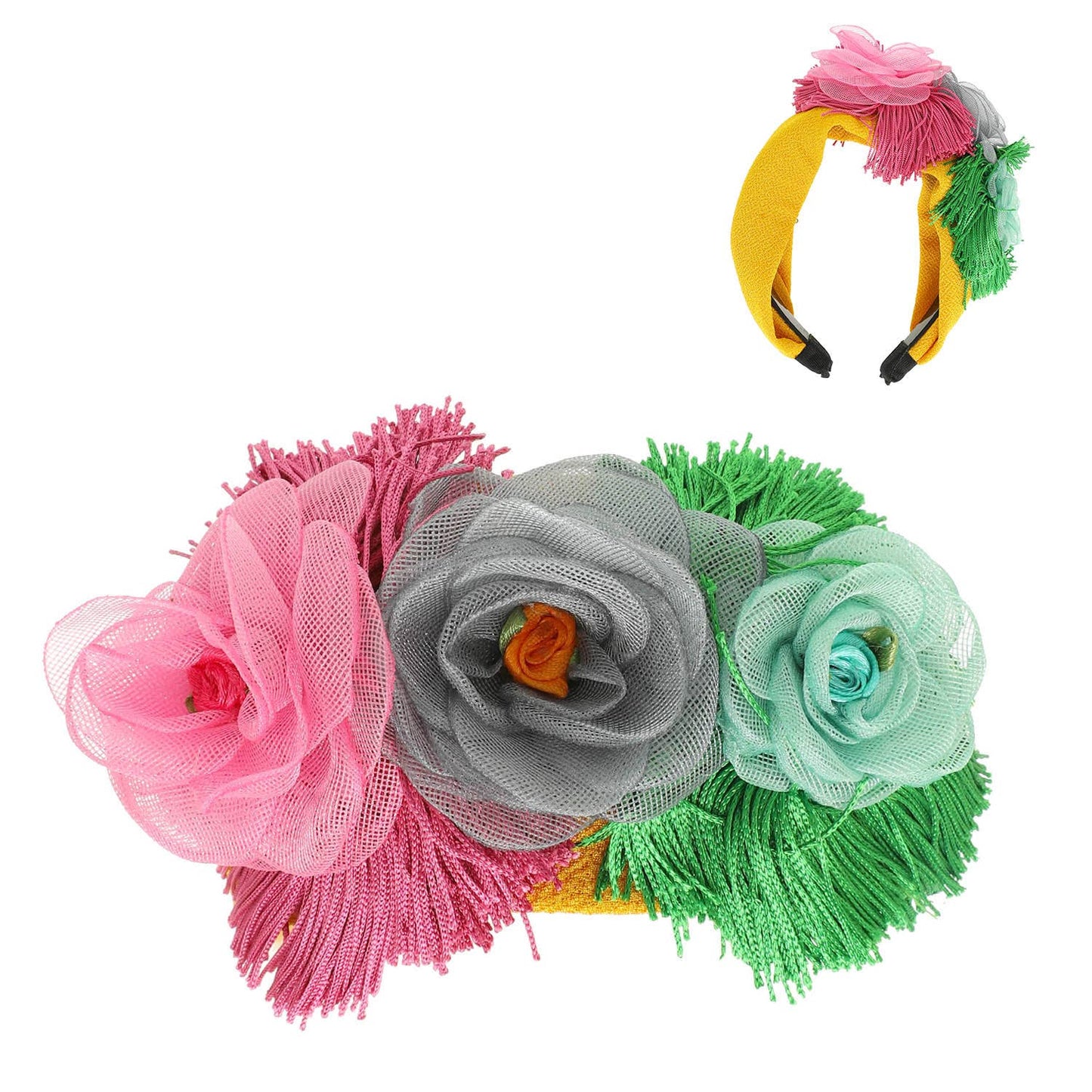 Mesh Rose Bouquet Headband with Tassel Fringe