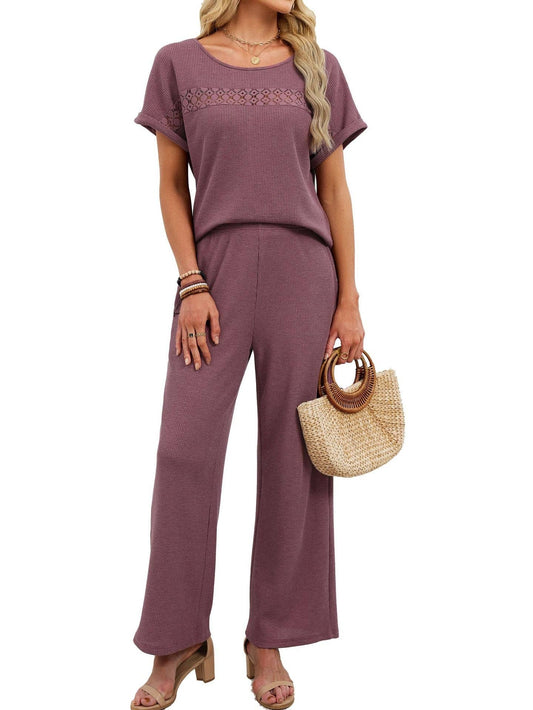 Lace Detail Short Sleeve Top and Wide Leg Pants Set