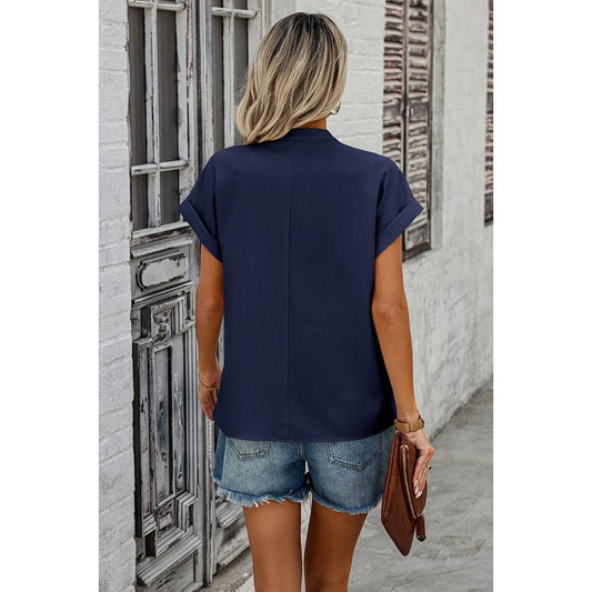 V Neck Solid Short Bat Sleeve Loose Fit Blouse