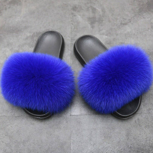 Real Fox Fur Slides Women Puffy Candy Color Fur Slippers
