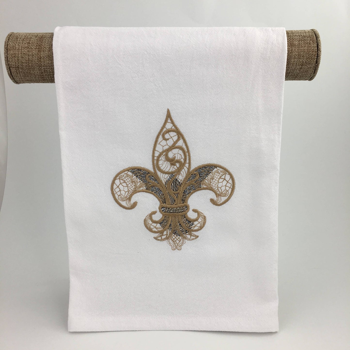 Lace embroidered Fleur de Lis kitchen towel