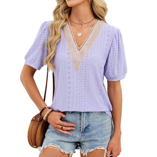 Women’s Puff Sleeve Crochet Lace Trim V-Neck Top – Loose Fit Summer Blouse