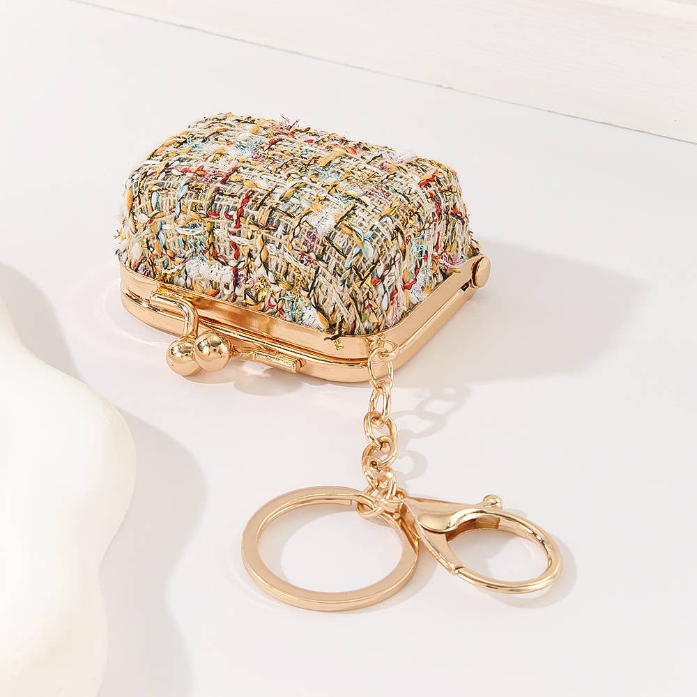 Tweed Kiss Lock Mini Coin Purse Keychain Bag Charm Accessory