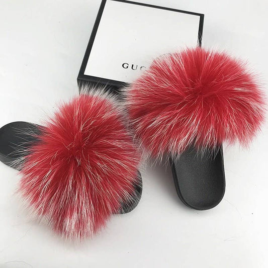Women Long Raccoon Fur Slides With Color Hair Tip Real Fur