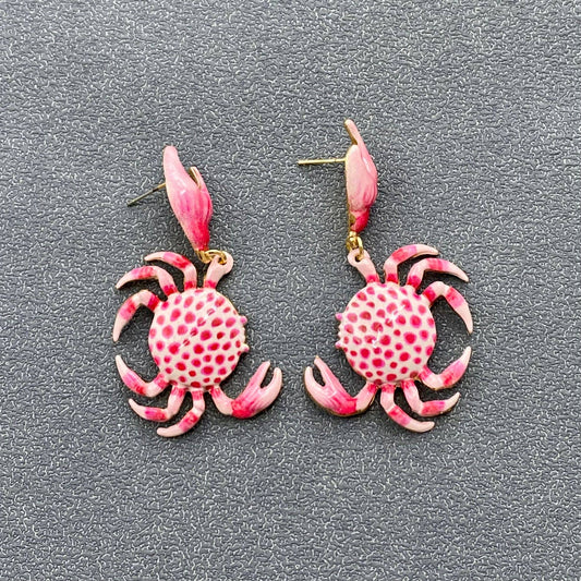 Pink Enamel Crab Charm Post Earrings