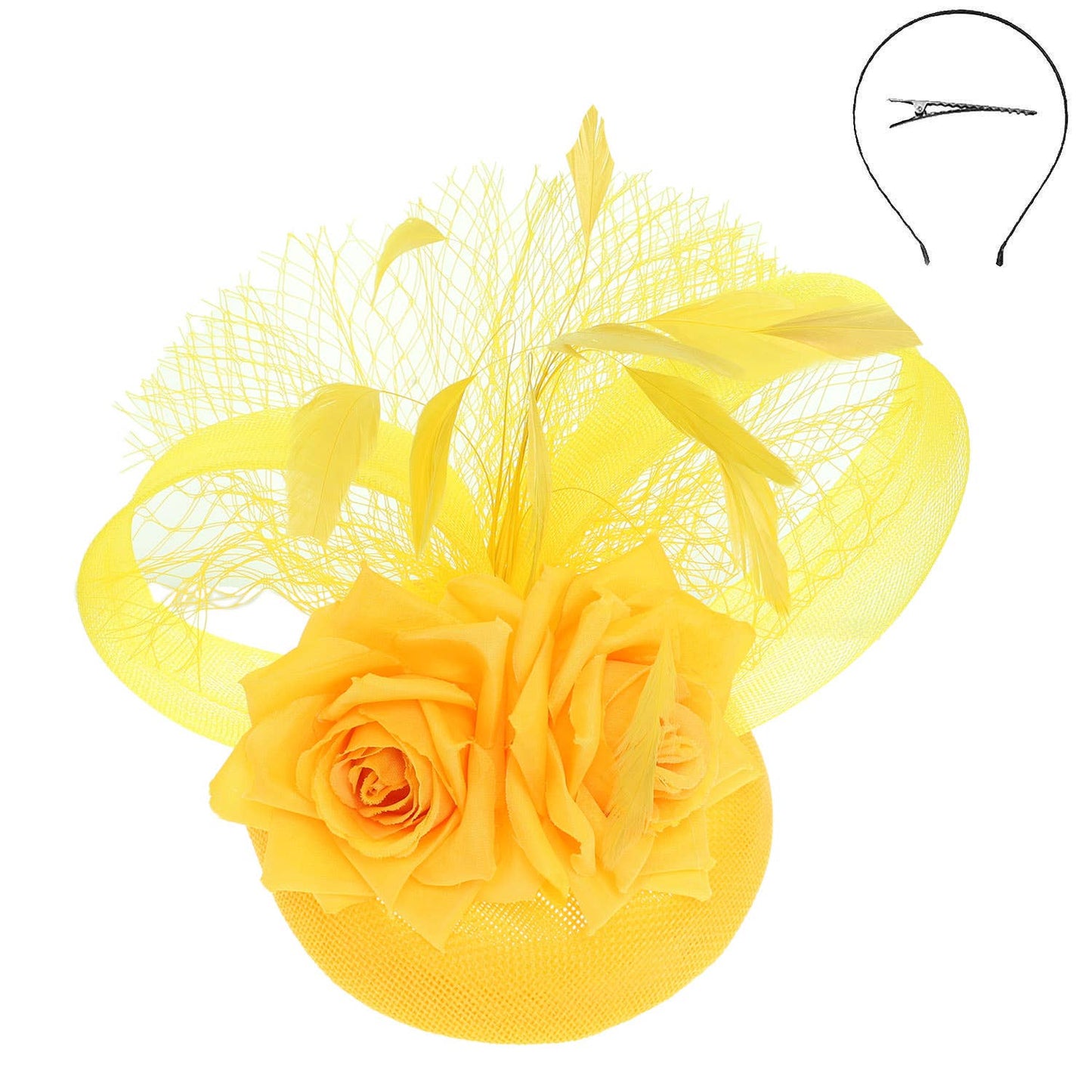 Floral Feathered Disc Fascinator with Hair Clip and Headband