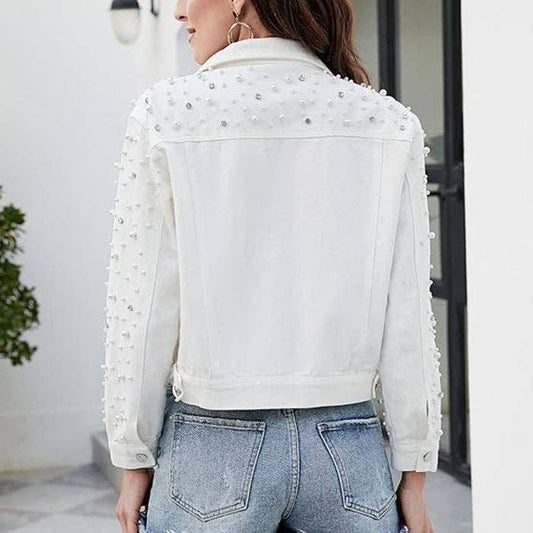 Women Casual Denim Jacket With Pearl Rhinestone Accents