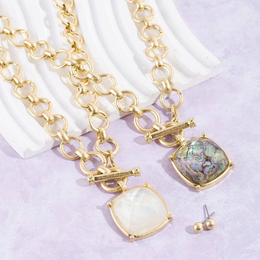 Faceted Square Stone Pendant Necklace Set