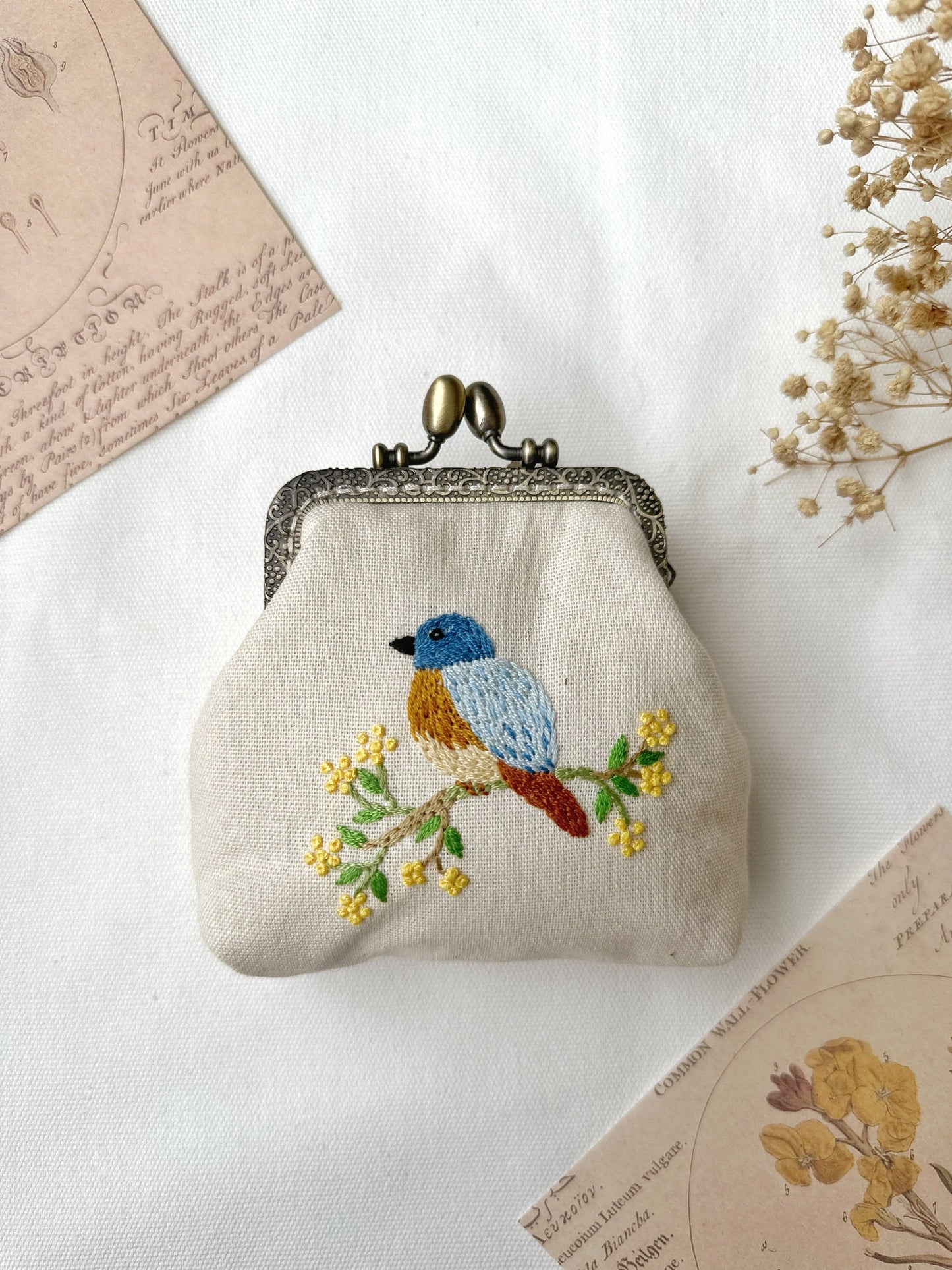 Bird Embroidered Navy Blue Coin Purse (In Stock ✅)