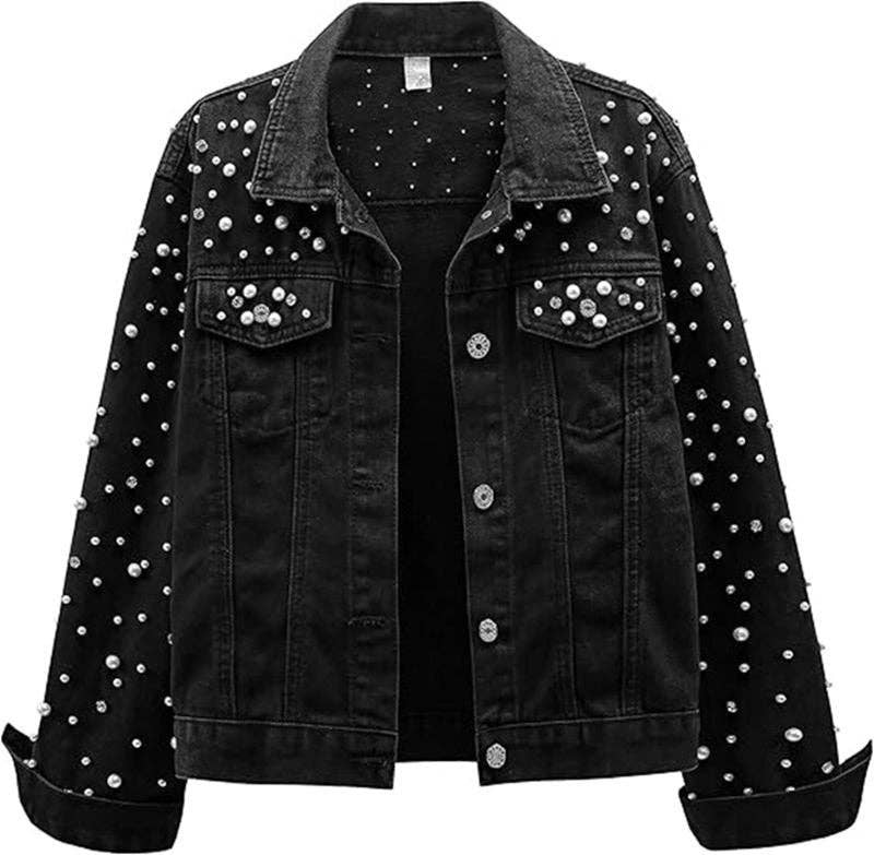 Women Casual Denim Jacket With Pearl Rhinestone Accents