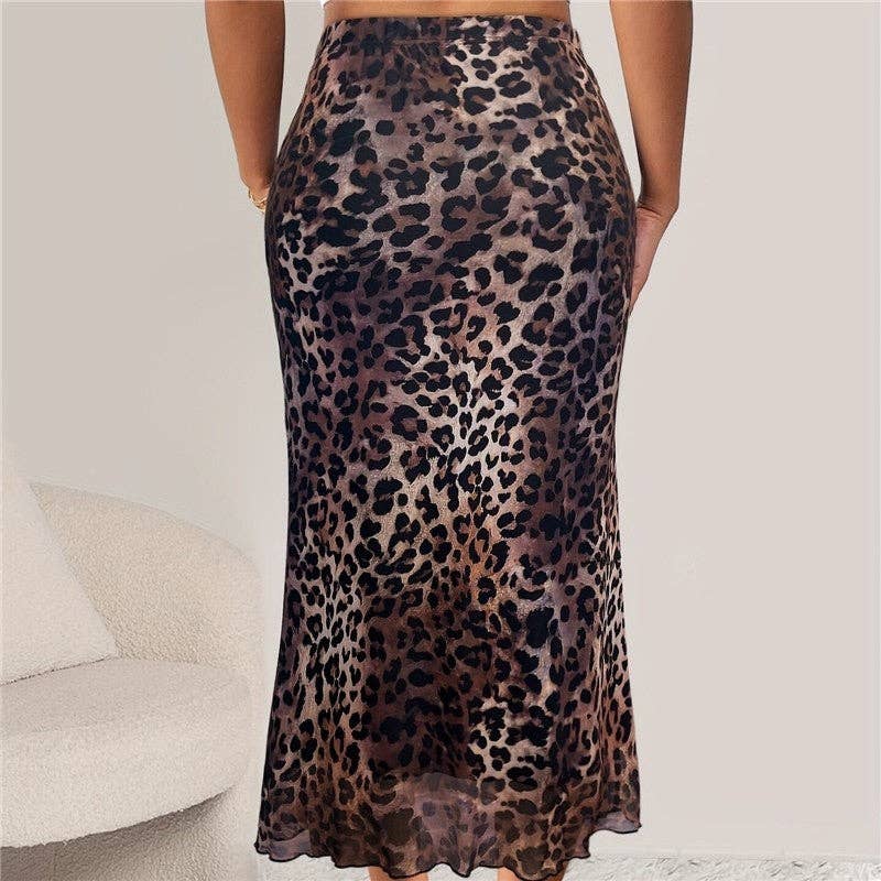 Leopard Print Fish Tail Skirt With Elastic Mesh Insets