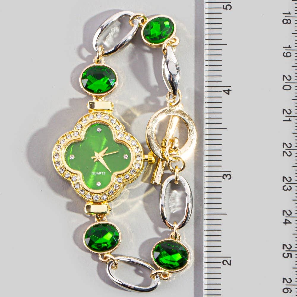 Green Clover Cz Toggle Chain Bracelet Watch