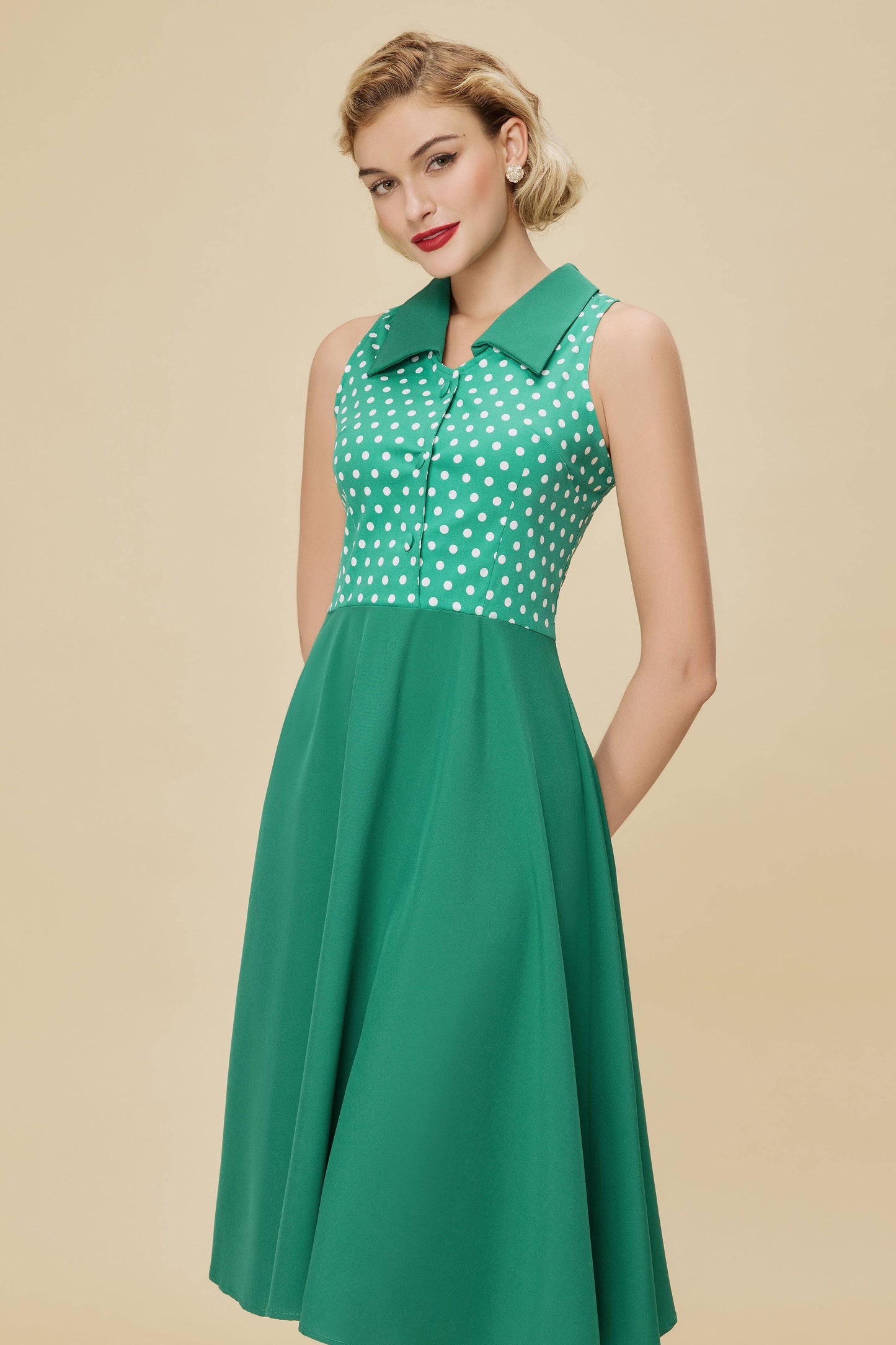 Polka Dot Bodice Sleeveless Retro Swing Dress
