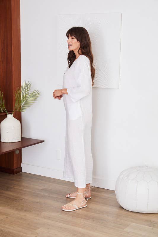 V-NECK SOLID LINEN SHORT SLEEVE LONG DRESS (17-11)
