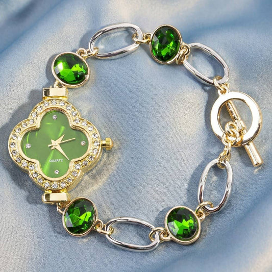 Green Clover Cz Toggle Chain Bracelet Watch