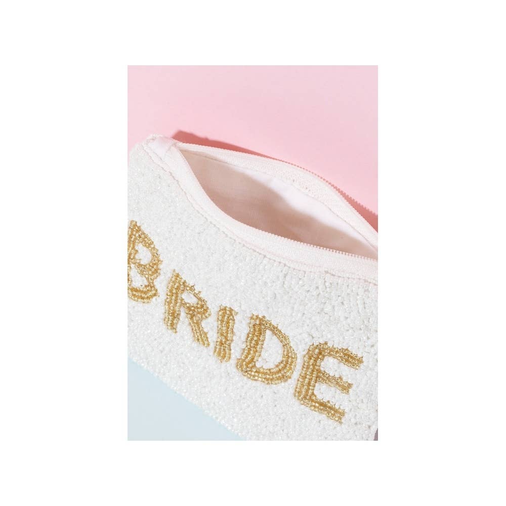 Gold Bride Print White Beaded Coin Purse