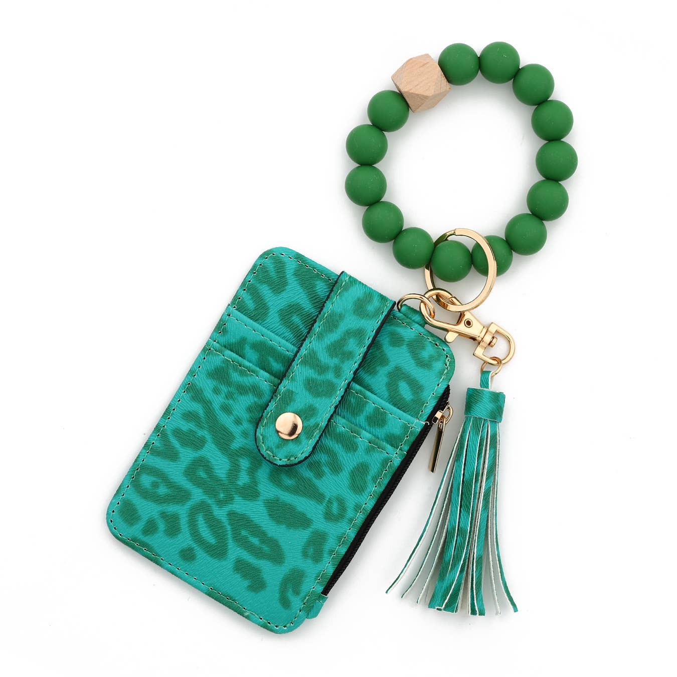 Leopard Print Card Holder with Beaded Wristlet Keychain