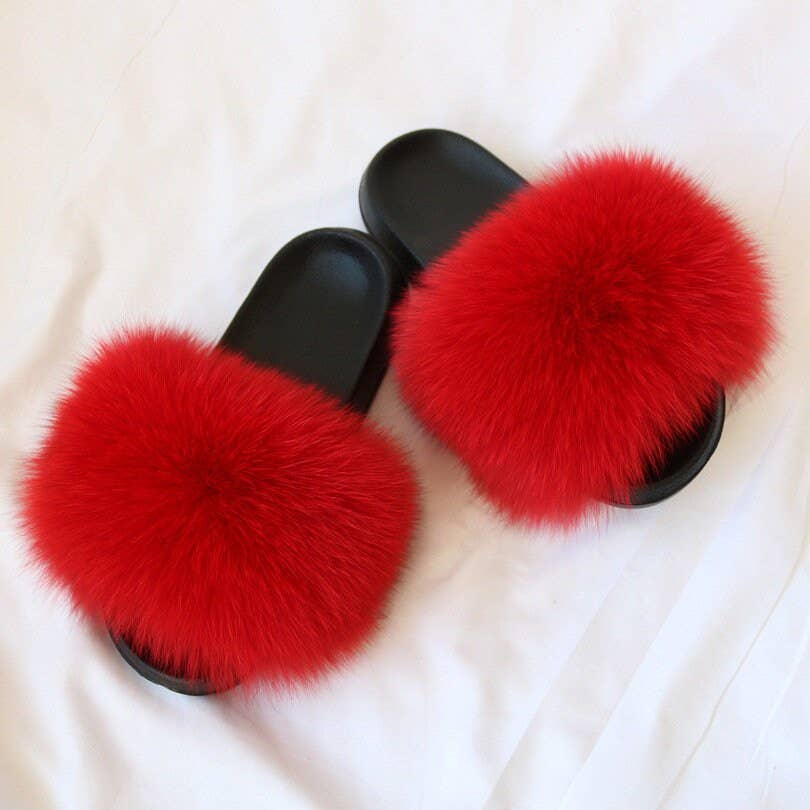 Real Fox Fur Slides Women Puffy Candy Color Fur Slippers
