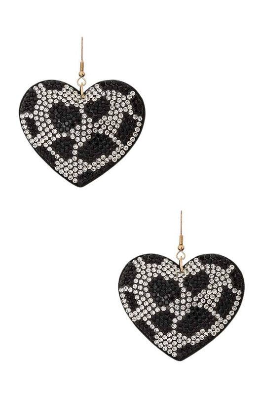 Cow Print Rhinestone Heart Pillow Earrings