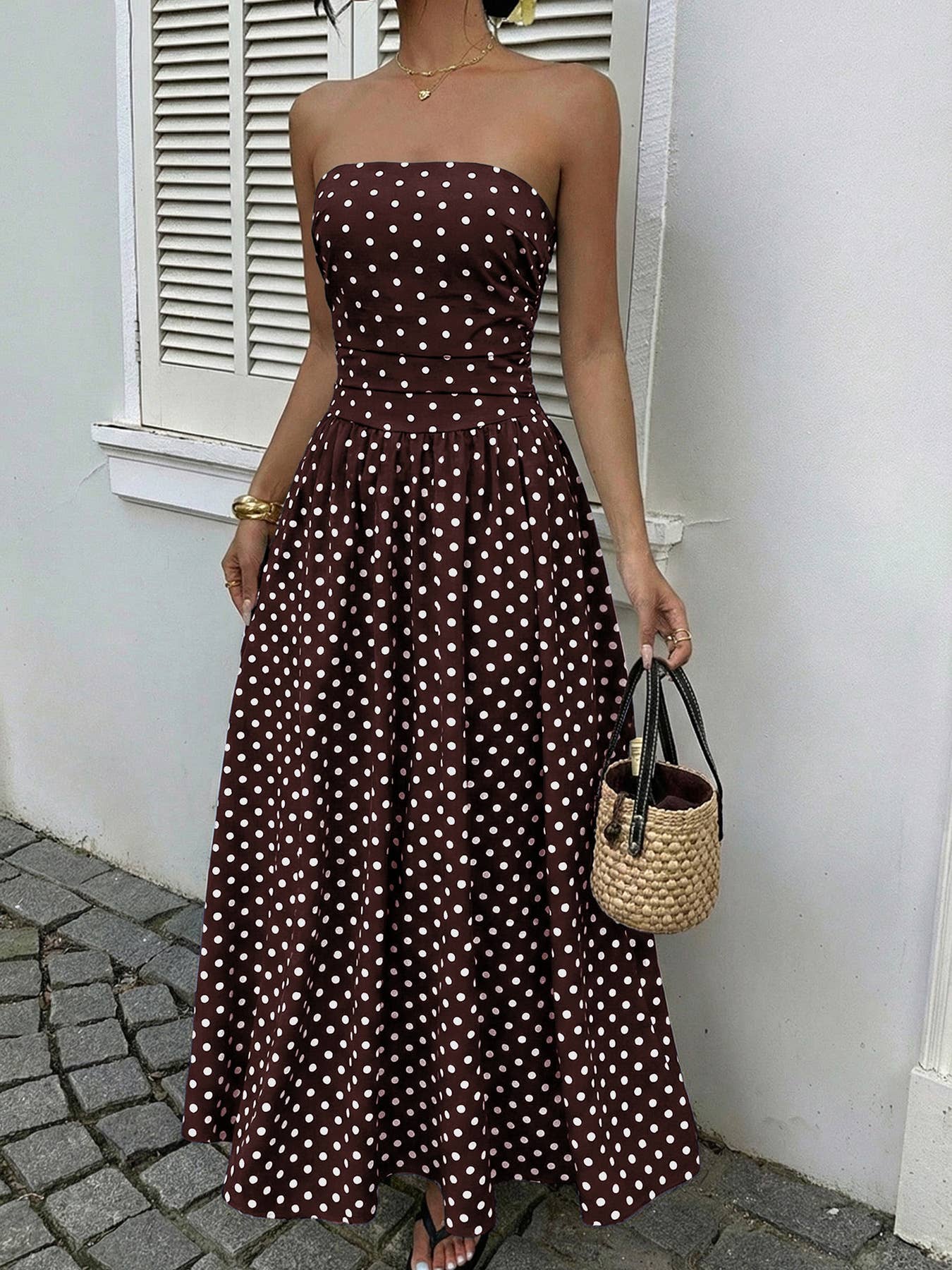 Women’s Strapless Polka Dot High Waist Maxi Dress
