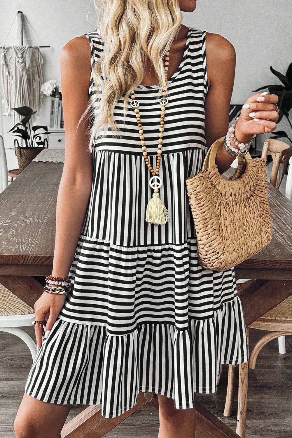 Sky Blue Stripe U-Neck Sleeveless Loose Fit Mini Dress