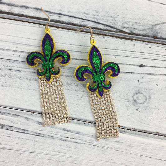 Mardi Gras glitter fleur de lis earring w/ rhinestone tassel
