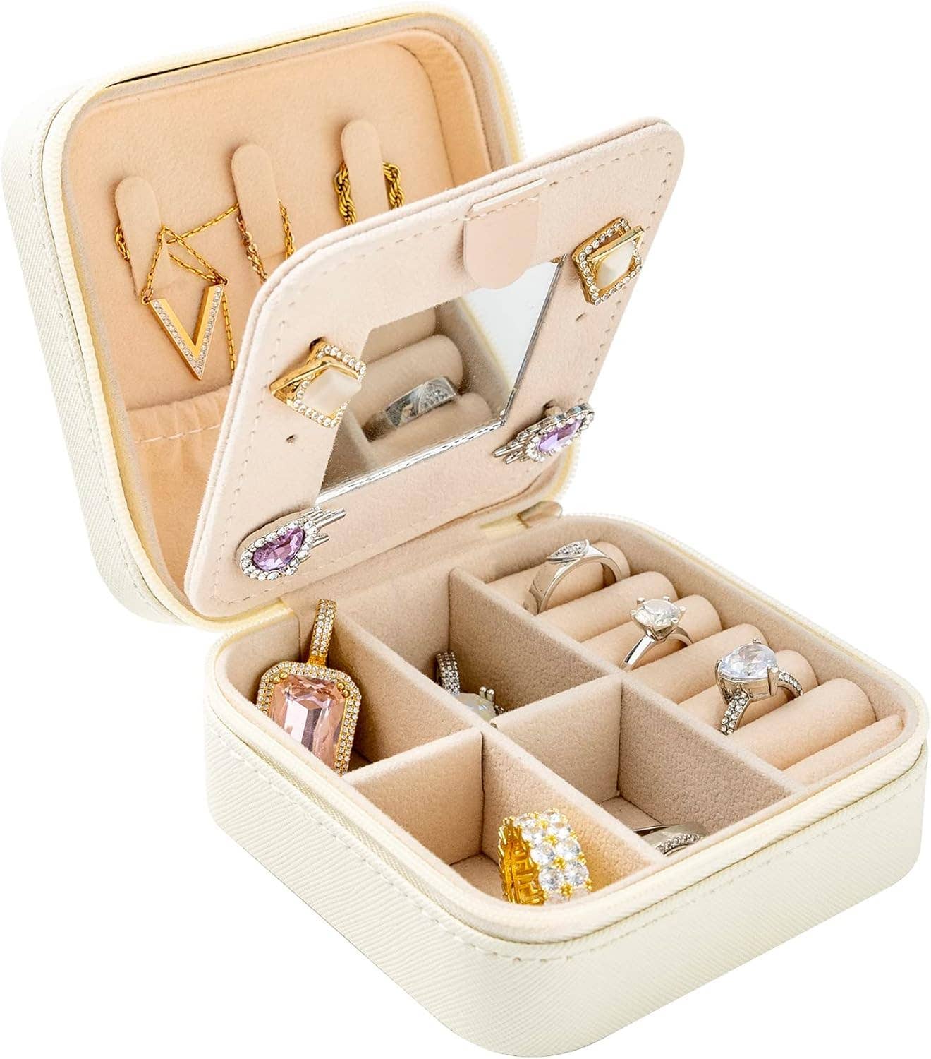 Soft Leather Jewelry Organizer Travel Case with Mirror Trip