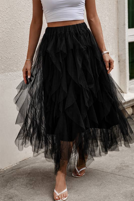 Irregular Hem Mesh Elastic High Waist Tulle Skirt