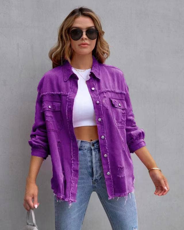 Trendy Casual Mid-Length Distressed Denim Jacket for Women