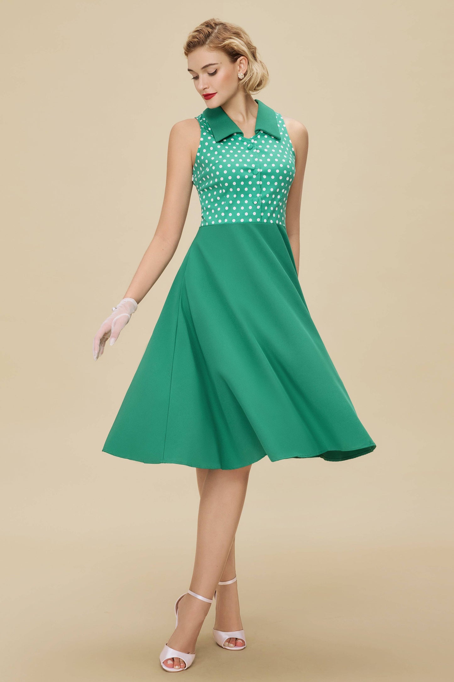 Polka Dot Bodice Sleeveless Retro Swing Dress