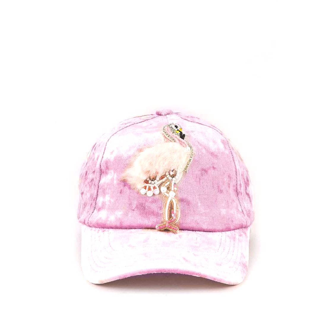Fur & Beaded Flamingo Distressed Velour Fashion Cap