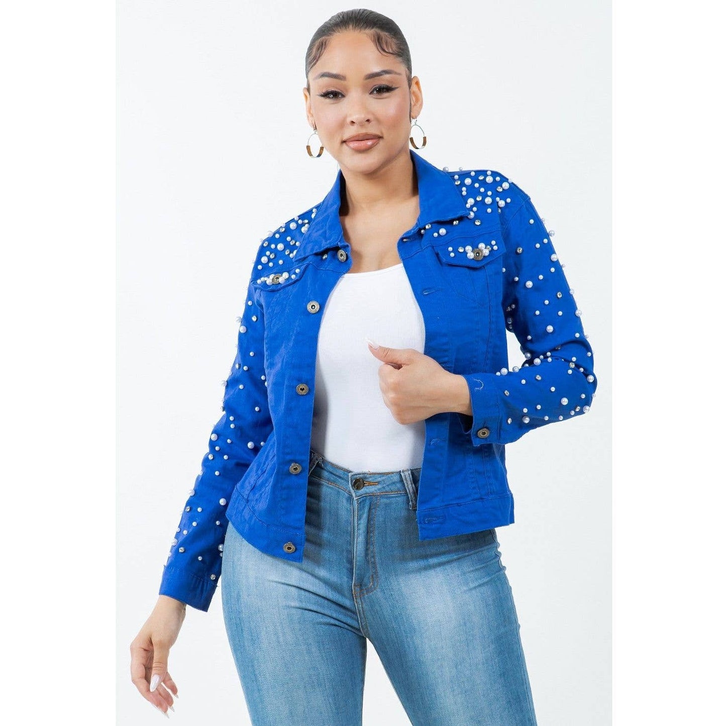 Radiant Pearls Rhinestone Deco Jean Jacket Royal Blue