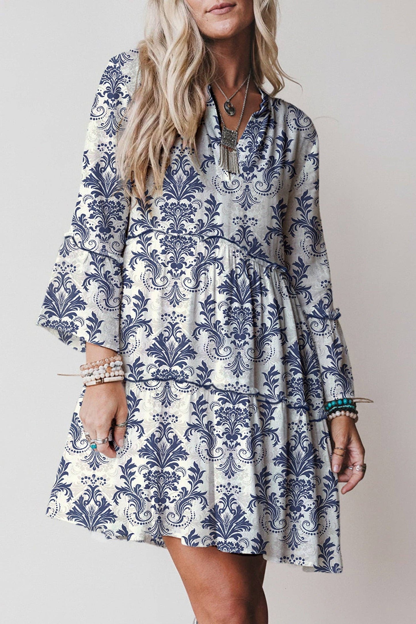 Sky Blue Boho Floral Print Lettuce Trim 3/4 Sleeve Mini Dress: Blue / 100%Viscose / 2XL