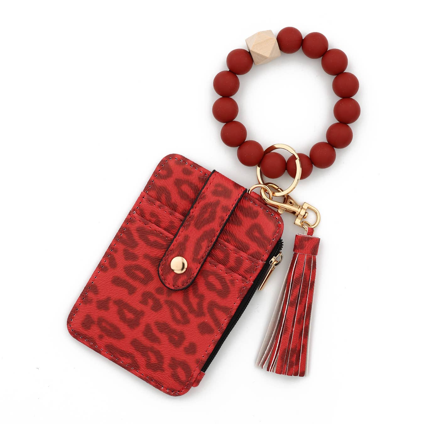 Leopard Print Card Holder with Beaded Wristlet Keychain