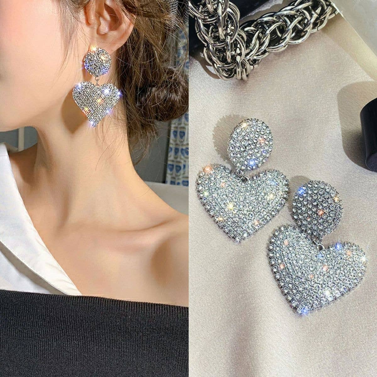 Personalized Rhinestone Heart-Shaped Earrings
